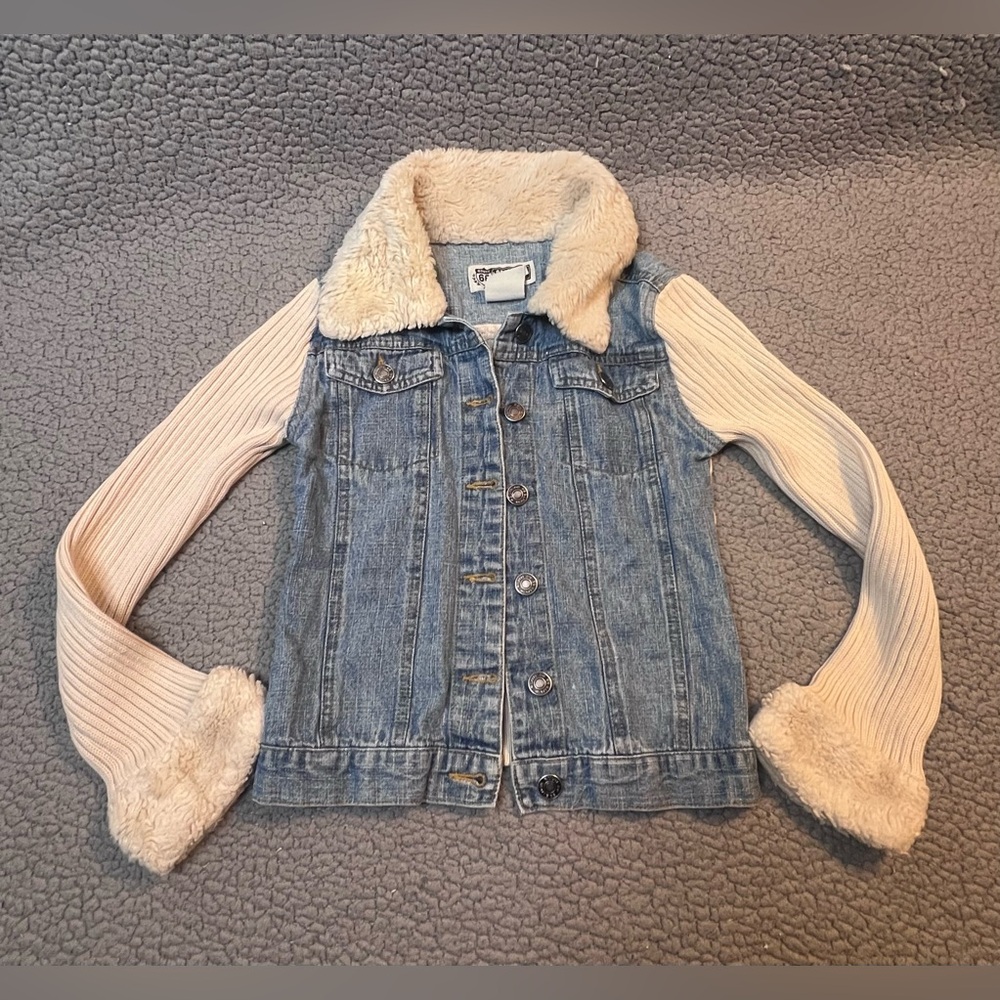Route 66 Denim Button Up Jacket With Faux Fur‎ Girls Size 10/12 Brown And Blue
